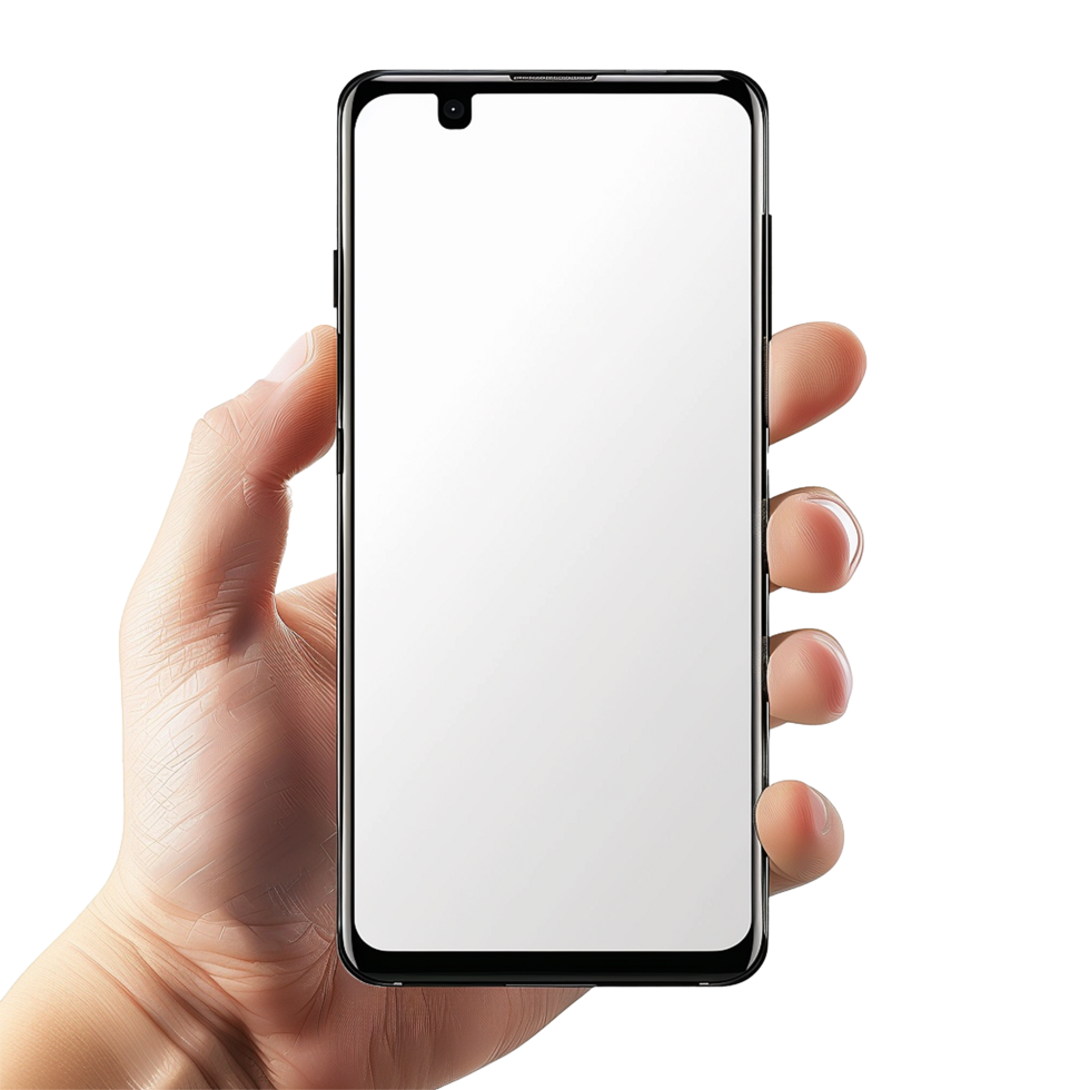 A hand holding a modern smartphone with a blank white screen, showcasing the device's sleek design and potential for app usage or mobile photography png