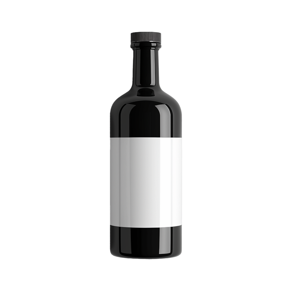 Sleek Black Glass Bottle with Blank White Label Mockup for Branding and Design Presentation png