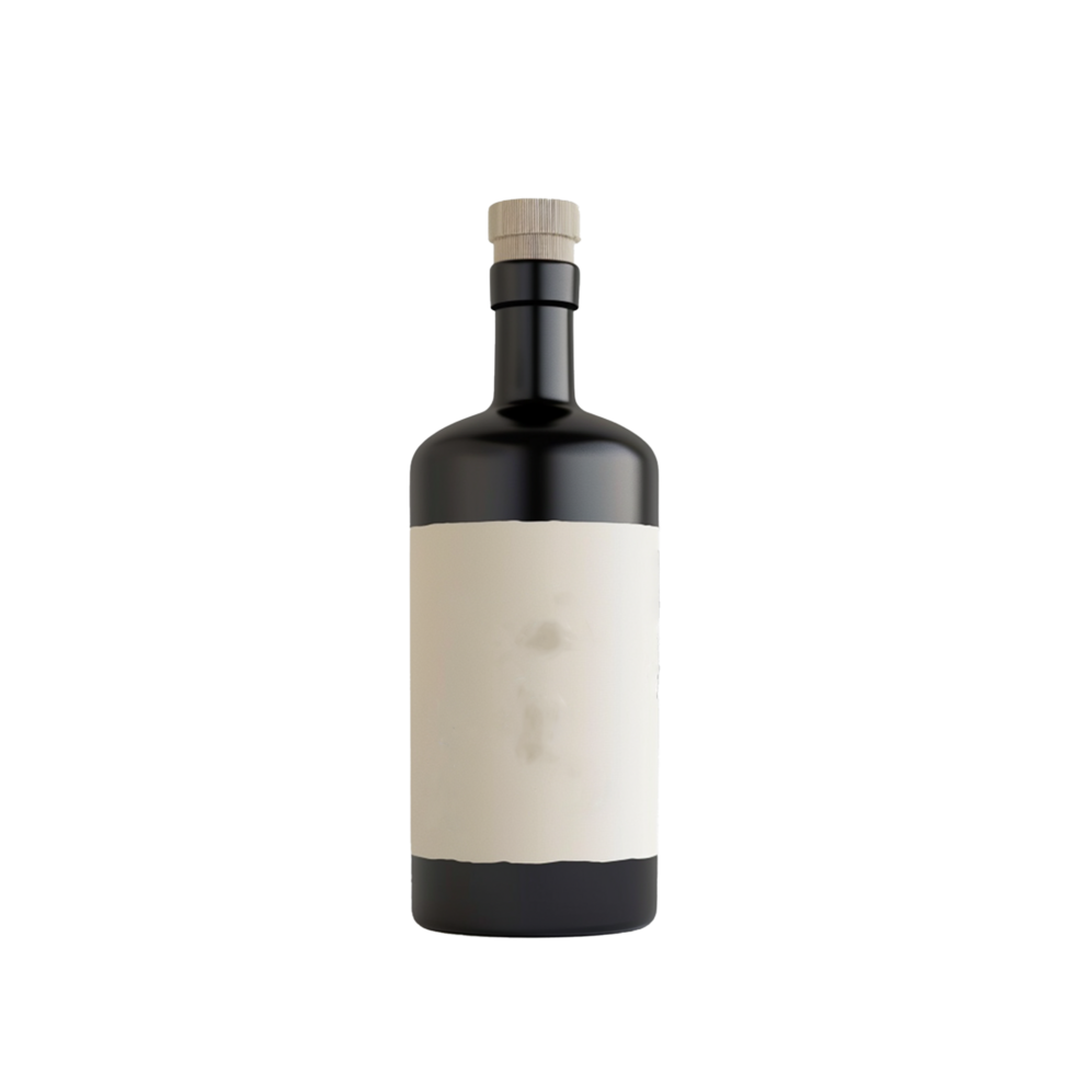 A Sleek Black Wine Bottle with a Cream Label and Wooden Cork Top png