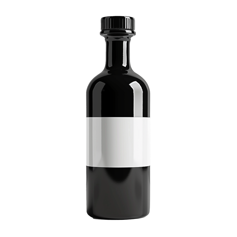 A sleek black bottle with a white label, perfect for showcasing your premium product or brand png