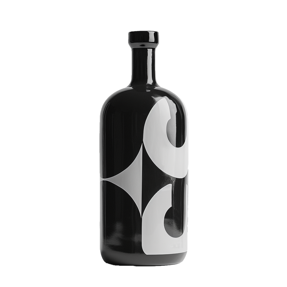 Sleek Black Glass Bottle with Abstract White Design Modern Minimalist Style png