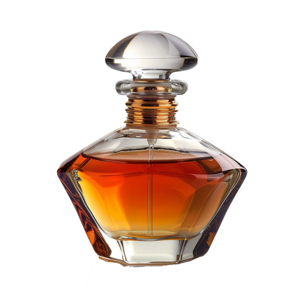 Elegant Amber Perfume in a Faceted Glass Bottle with a Unique MushroomShaped Cap png