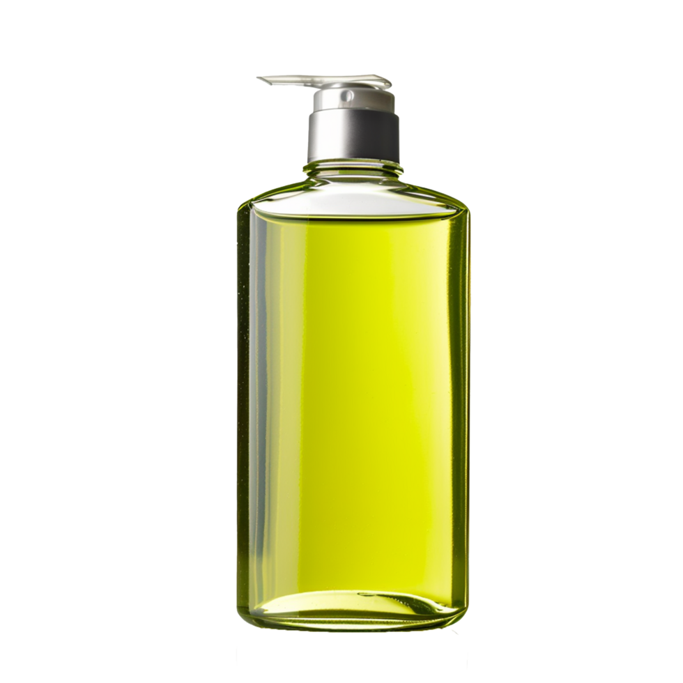 A bottle of translucent lime green liquid with a pump dispenser on a white background png