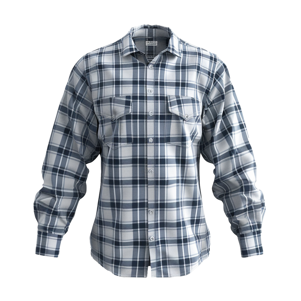Mens Long Sleeve Flannel Shirt Blue and White Plaid Button Down Casual Work Shirt png