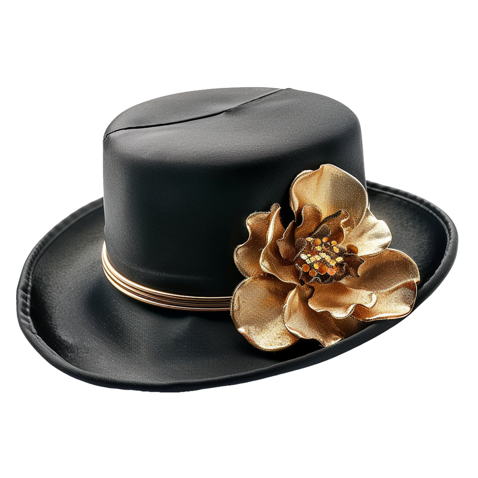 Elegant Black and Gold Womens Hat with a Large Flower Decoration png