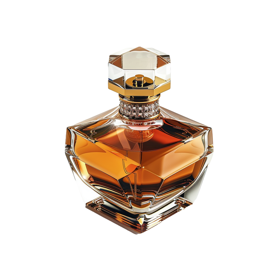 A Luxurious Amber Perfume Bottle with a Gold and Crystal Accented Cap png