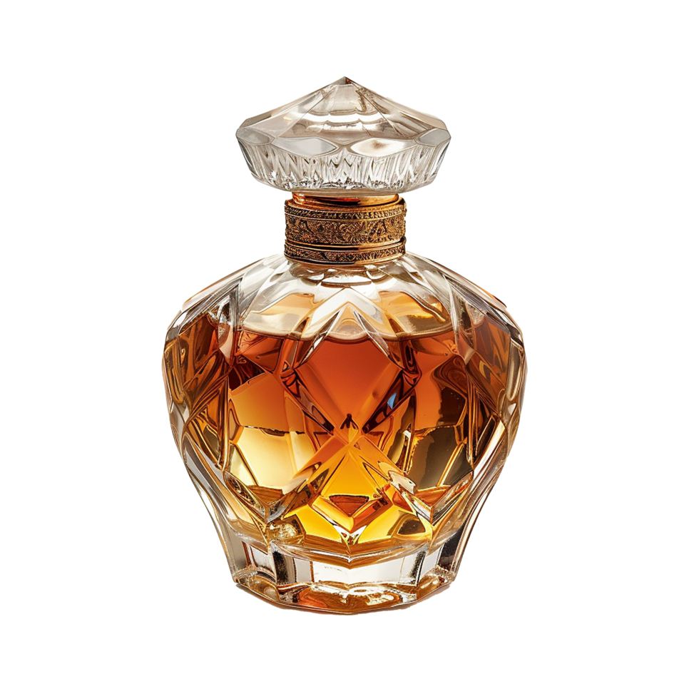 A Luxurious Amber Perfume in a Faceted Crystal Bottle with Gold Accents png