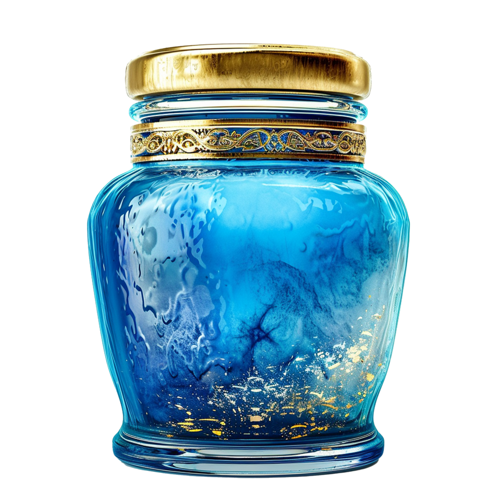 Stunning Blue Glass Jar with Gold Accents and Intricate Design png