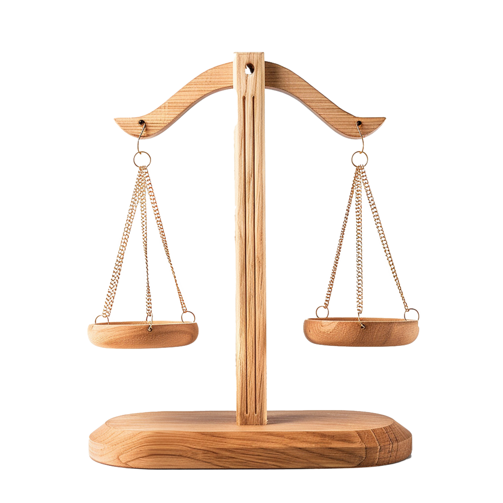 Elegant Wooden Balance Scale with Hanging Bowls and Golden Chains for Decorative or Weighing Purposes png