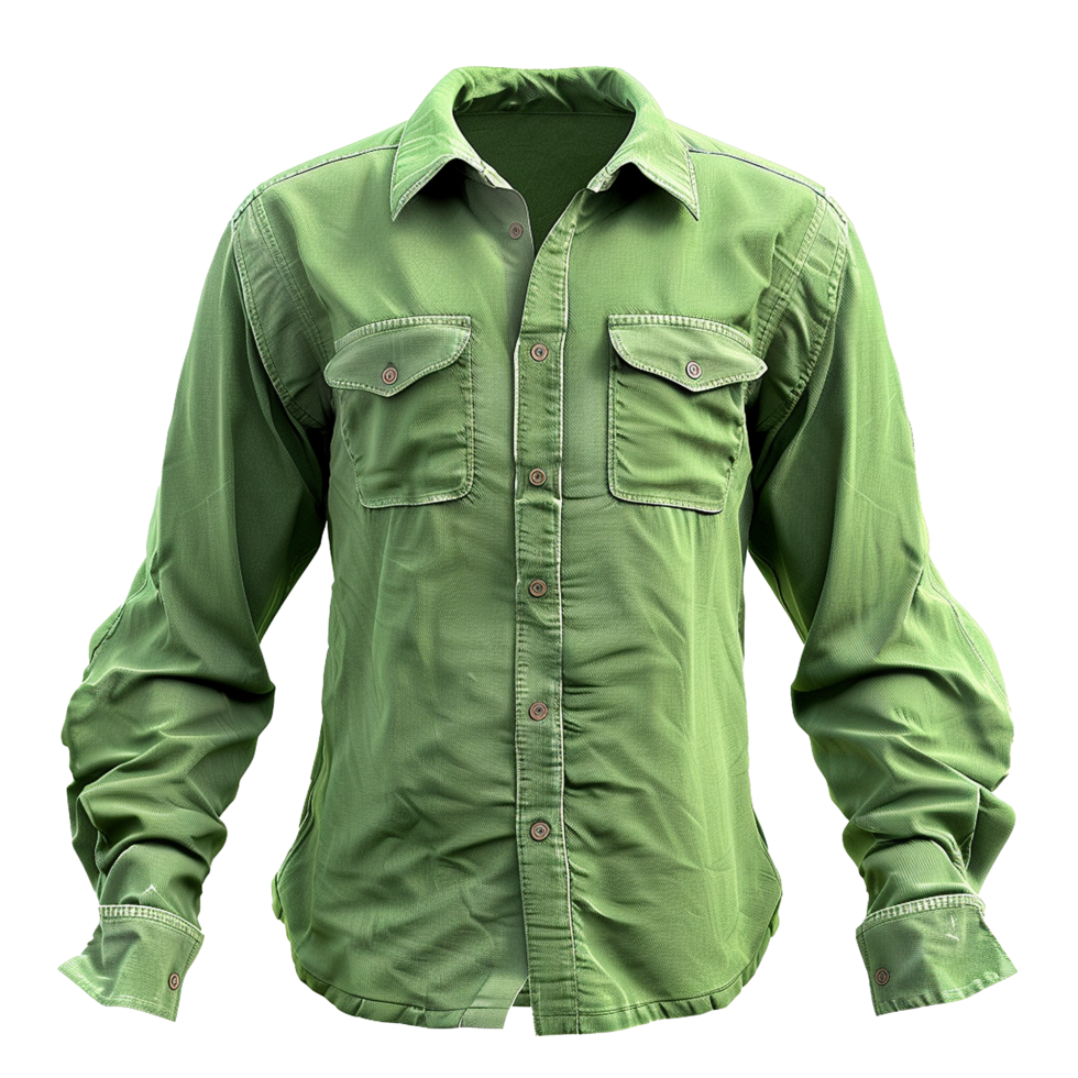 A Detailed View of a Men's LongSleeve Olive Green Work Shirt with Two Flap Pockets png