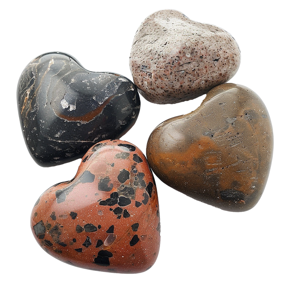 Four Polished Heart Shaped Stones of Various Colors and Patterns png