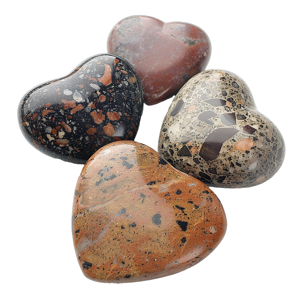 Four Polished Heart Shaped Stones of Different Colors and Patterns png