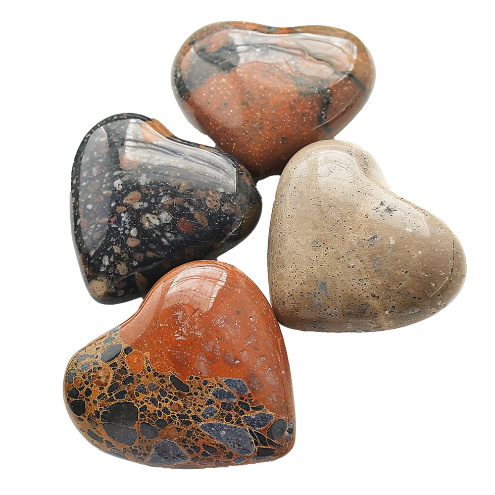 Four Polished Heart Shaped Stones in Various Colors and Patterns png