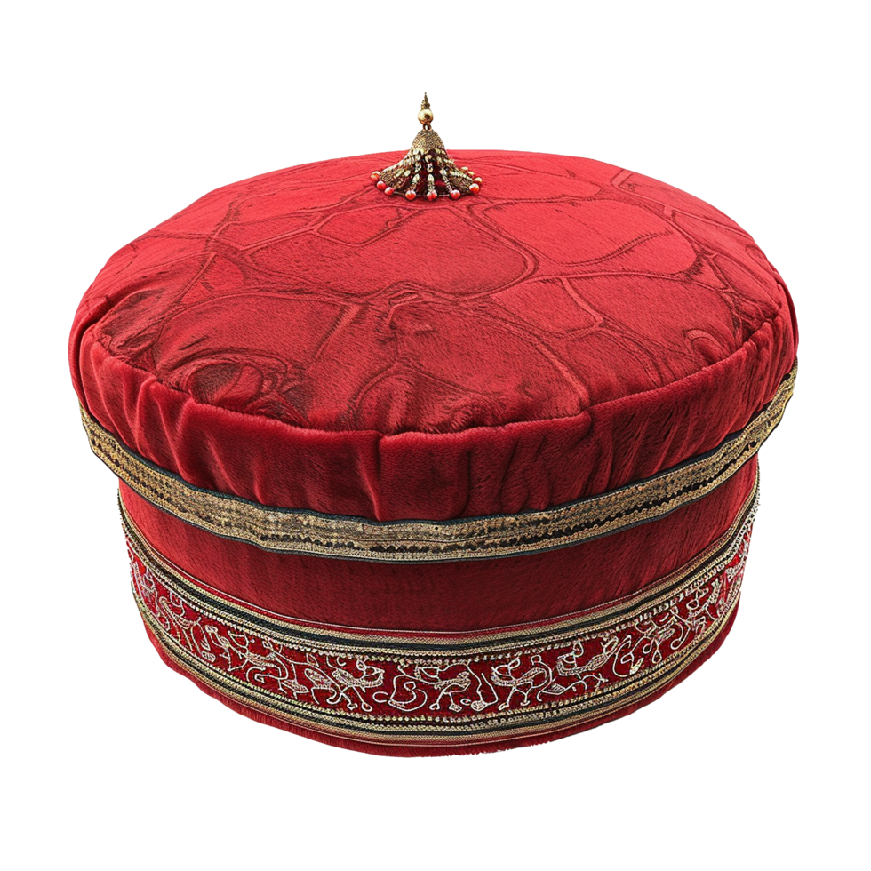 Luxurious Red Velvet Ottoman Style Box with Gold Embroidered Trim and Ornate Top png