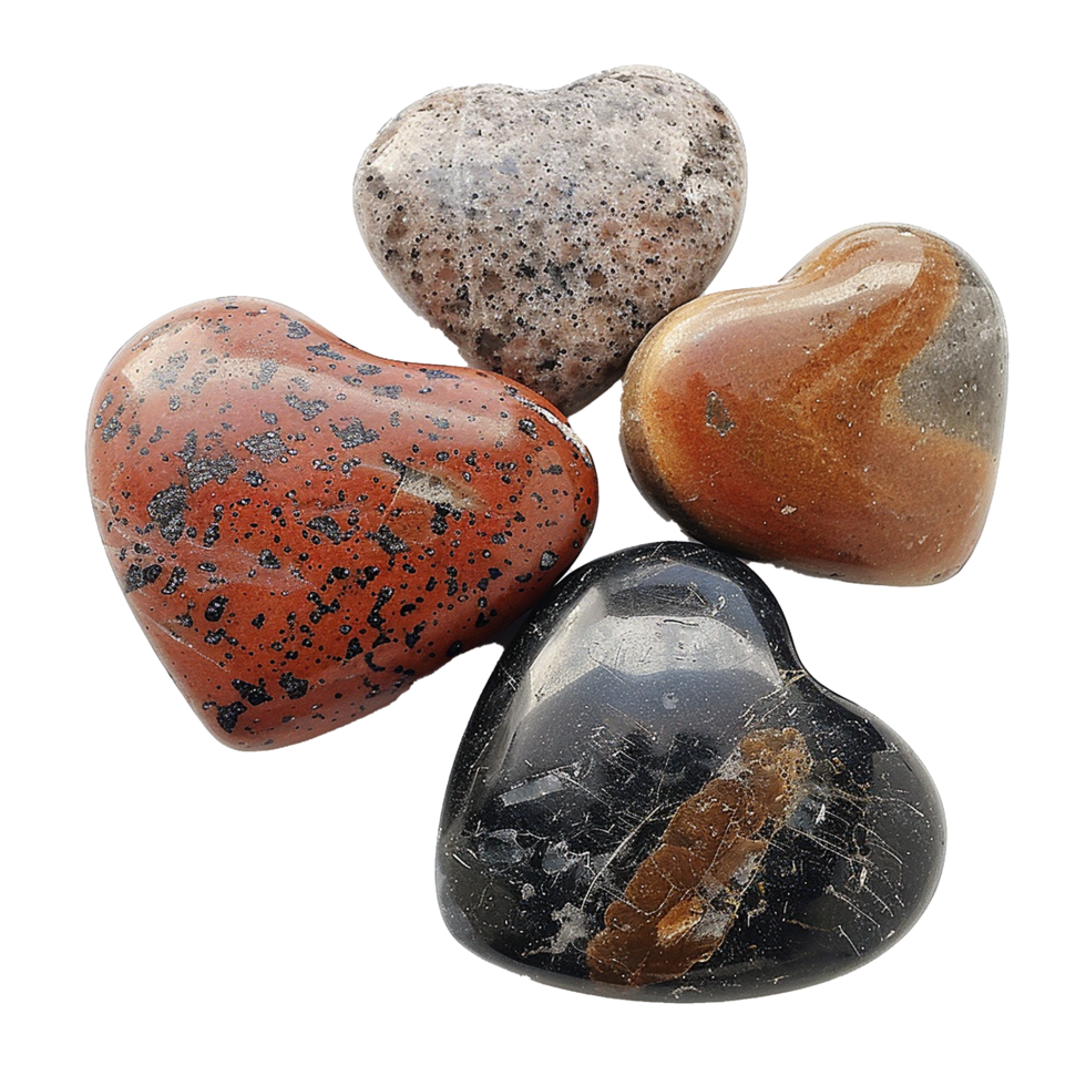 Collection of Four Polished Heart Shaped Stones Showing Unique Patterns and Colors png