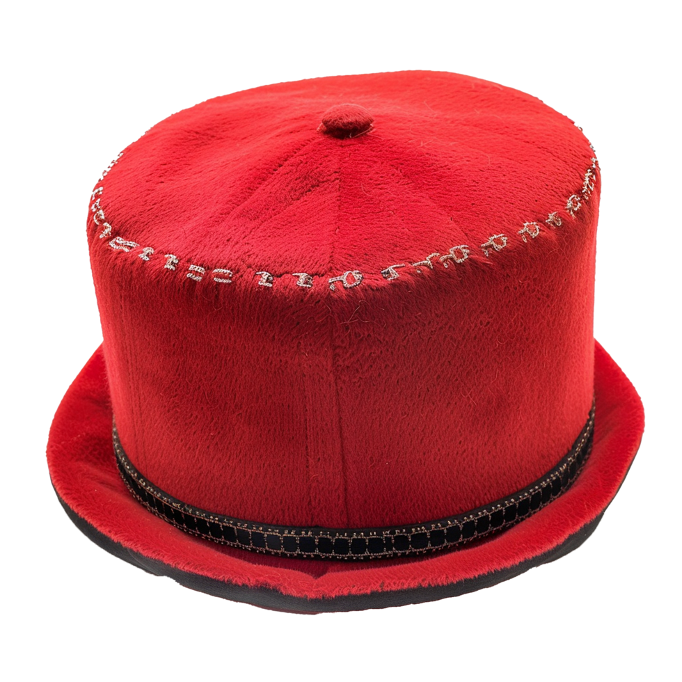 A Stylish Red Felt Hat with Embroidered Detailing and Black Band png