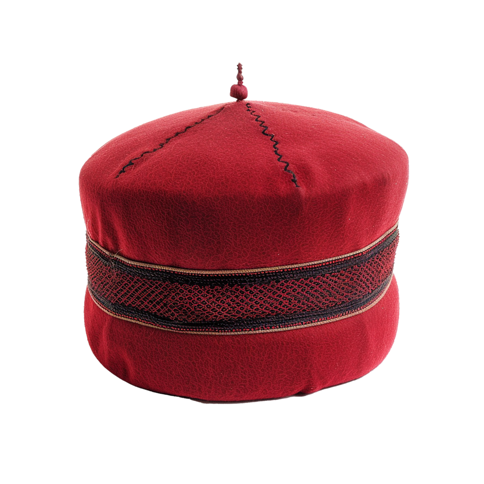 A Detailed View of a Traditional Red Hat with Intricate Embroidered Band png