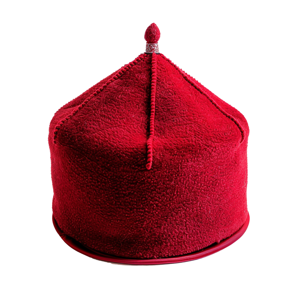 A Detailed Closeup View of a Traditional Red Fez Hat with a Decorative Top png