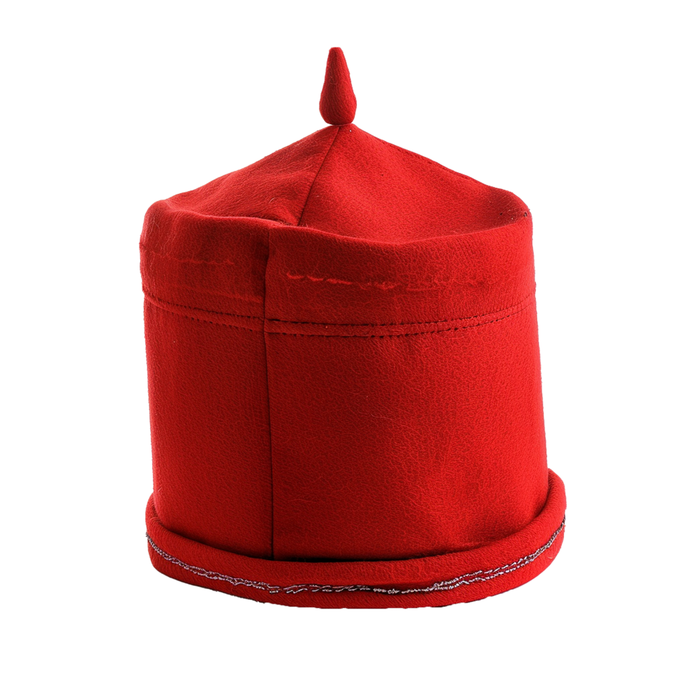 A Vivid Red Traditional Felt Hat with a Conical Crown and Decorative Trim png