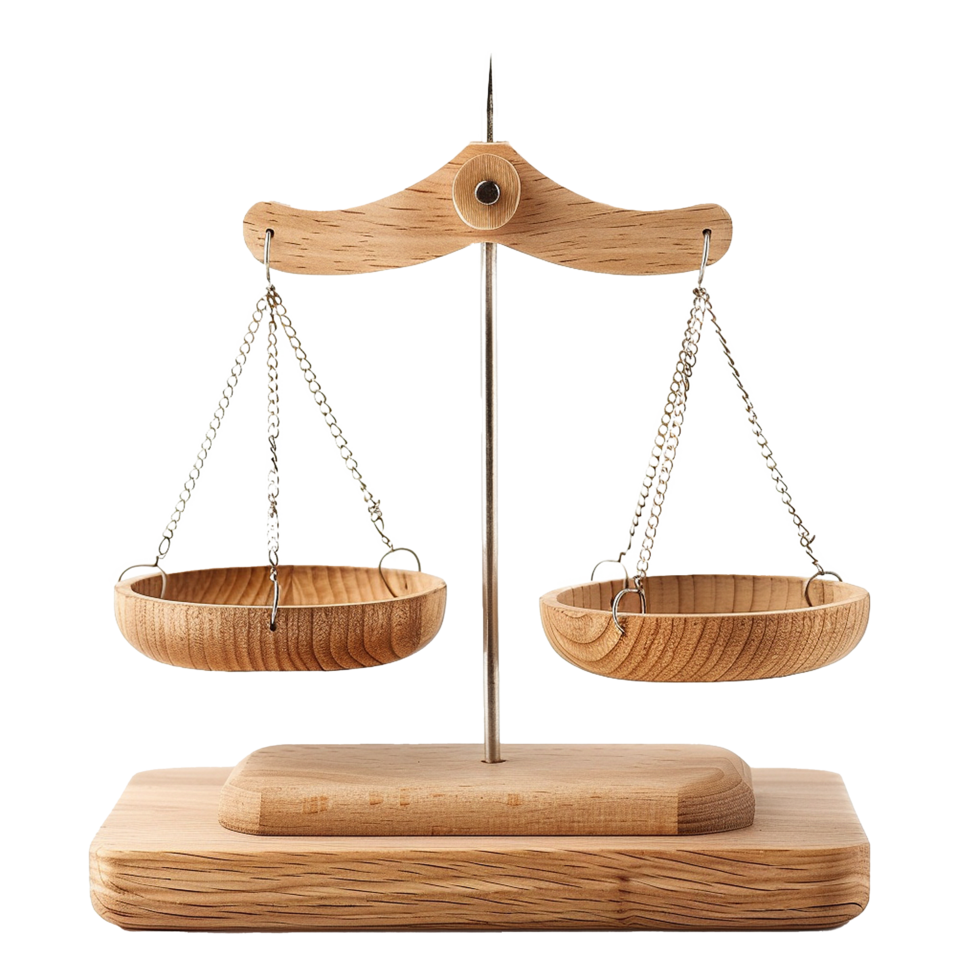A Classic Wooden Balance Scale with Two Hanging Bowls for Weighing and Measuring png