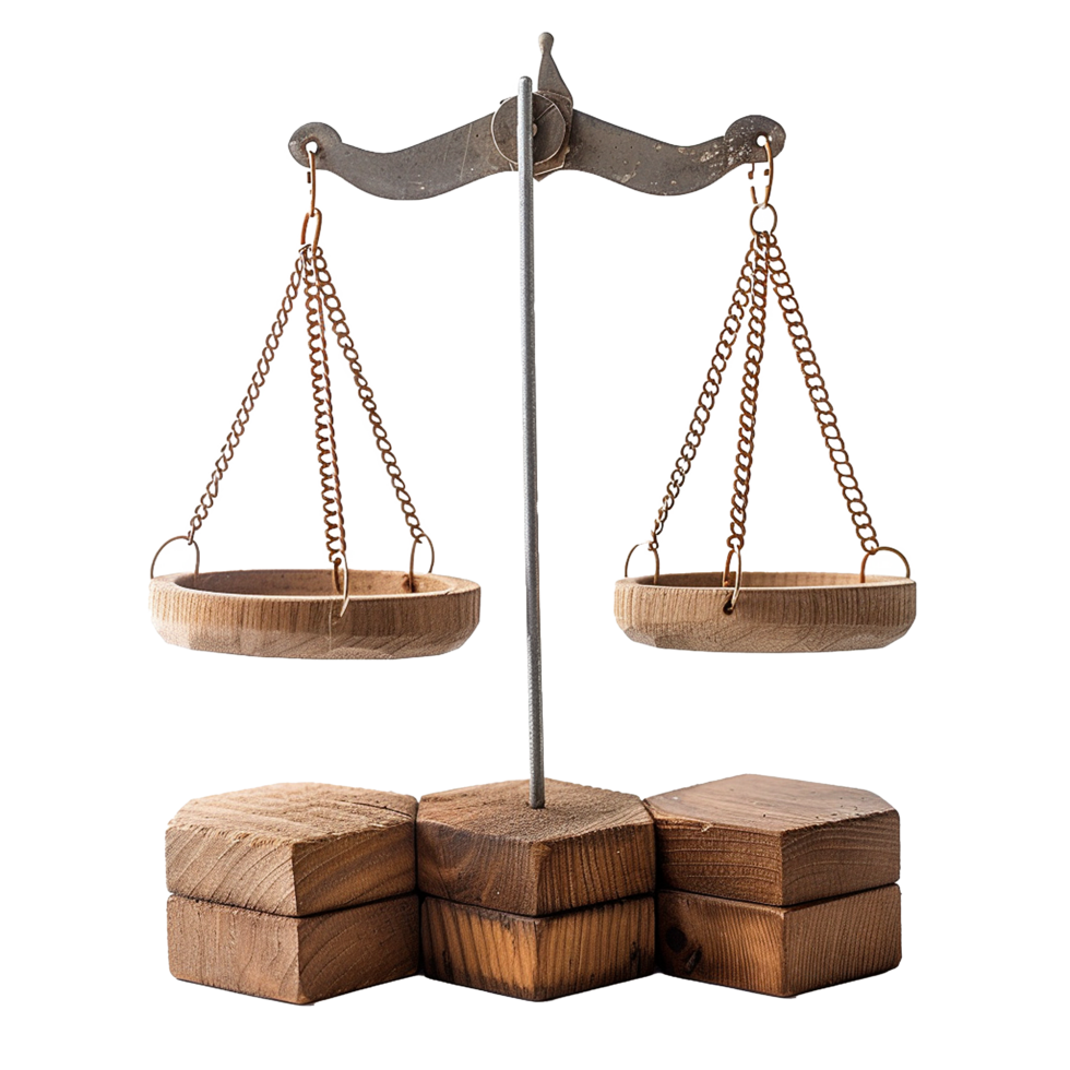 Rustic Wooden Balance Scale with Metal Arms and Chains png