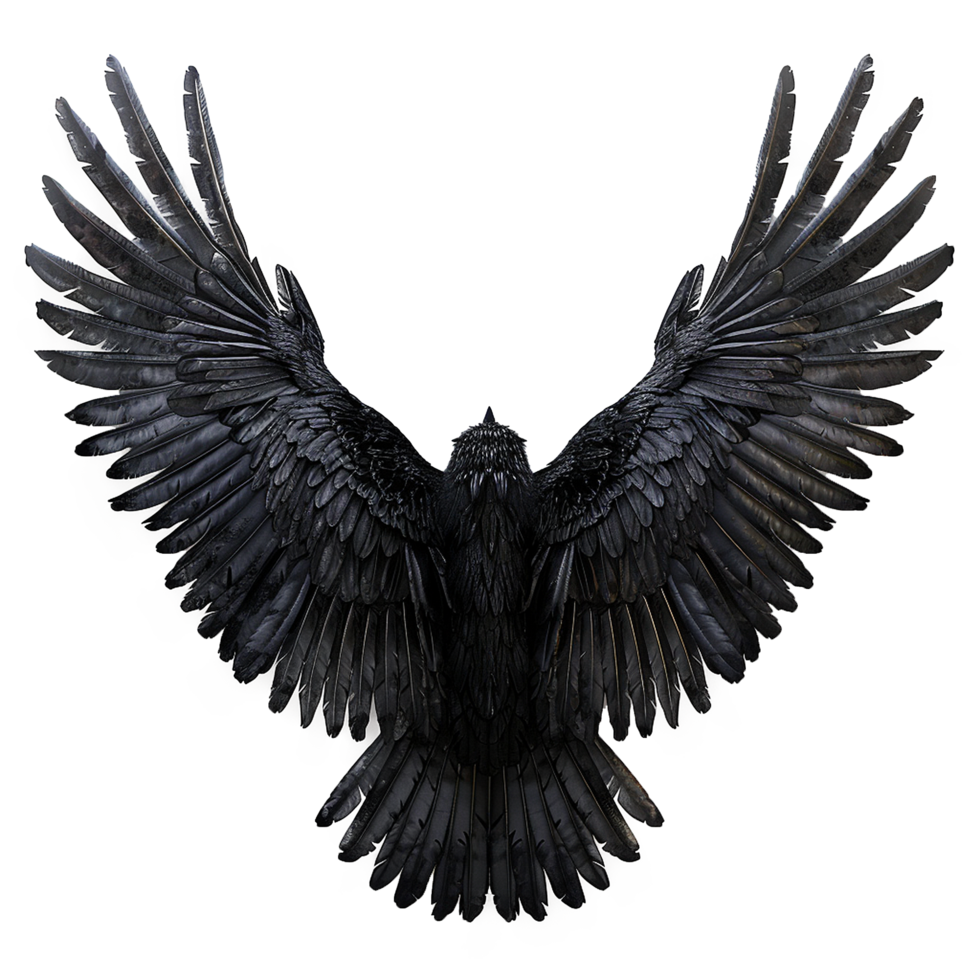 Majestic Black Raven with Wings Spread Wide Open in a Dramatic Pose png