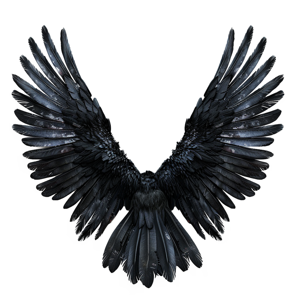 Majestic Black Raven Wings Spread Wide in Flight Dark Feathers Detailed Closeup View png