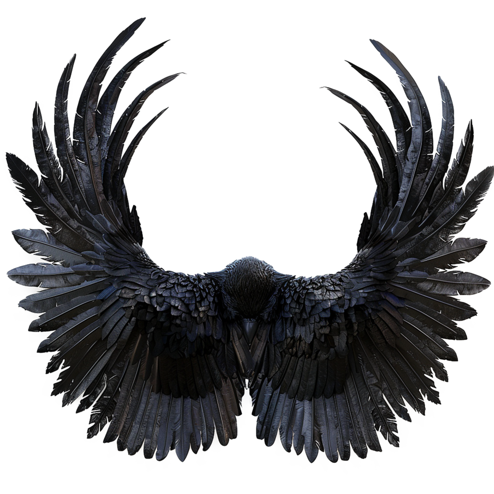 Majestic Black Raven Wings Spread Wide in Dramatic Pose, Detailed Feathers and Intense Dark Color, Mystical and Powerful Bird Imagery png