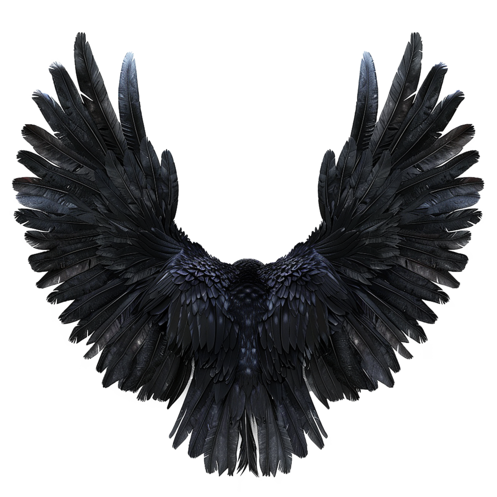 Majestic Black Raven Wings Spread Wide in Dramatic Pose Against a Gray Background png