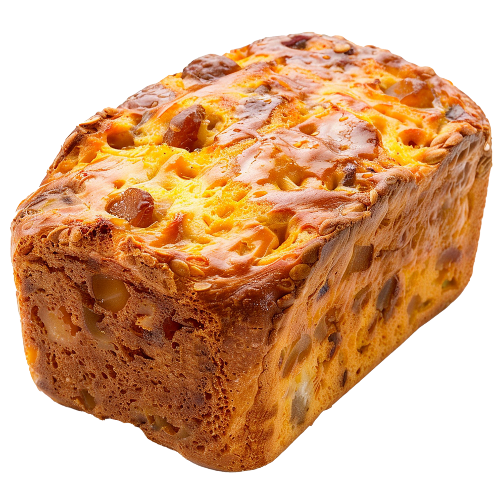 Delicious Golden Brown Fruitcake Loaf with Caramel Glaze and Nuts png