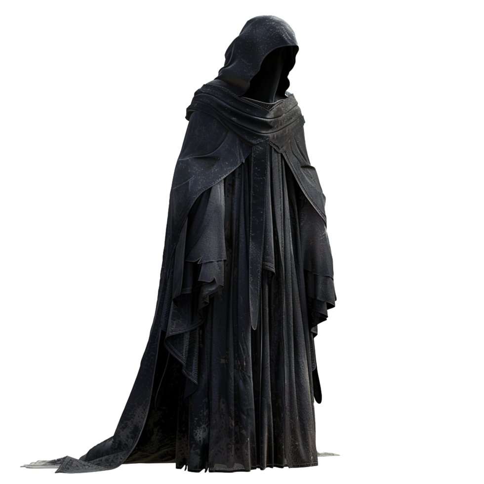 A mysterious figure cloaked in a dark and weathered hooded robe, standing against a white background png