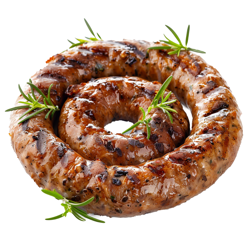 Delicious Grilled Ring Sausage with Fresh Rosemary Garnish A Perfect Summer BBQ Food png