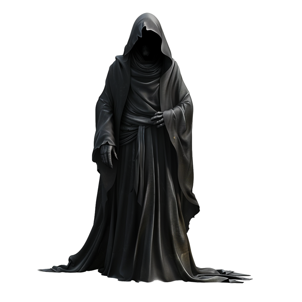 Mysterious Figure in a Dark Hooded Robe A 3D Render of an Enigmatic Character png