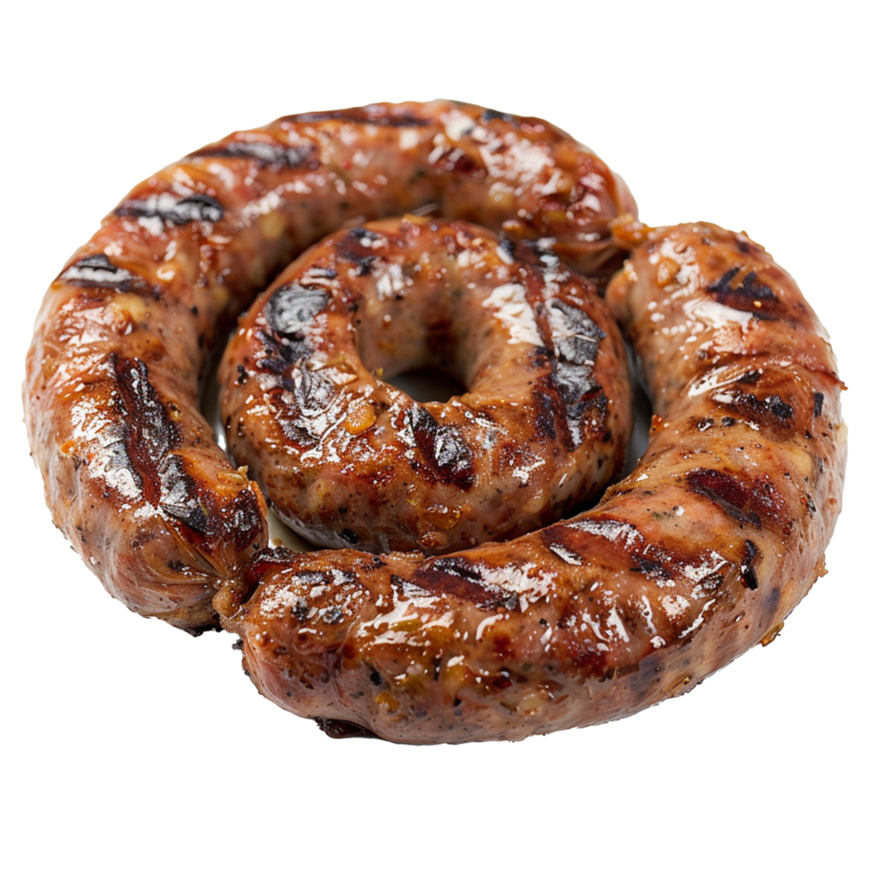 Delicious Grilled Ring Sausage Closeup Photography on White Background png