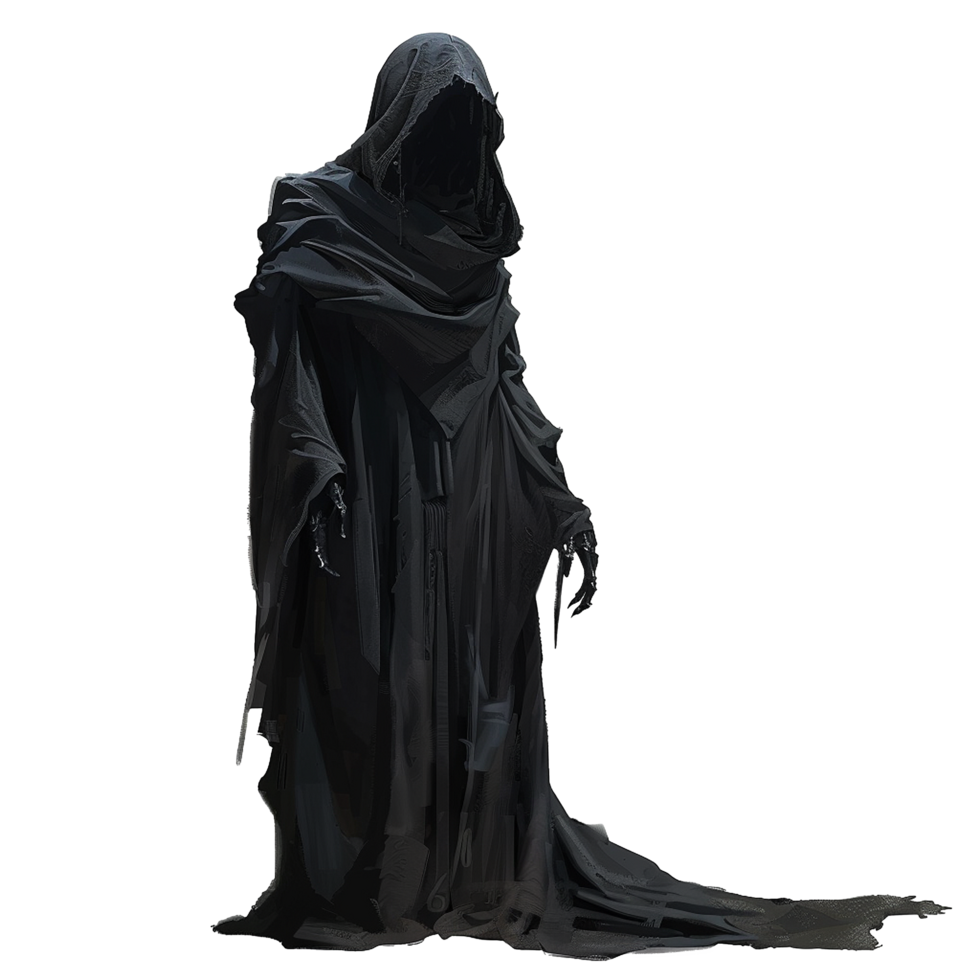 Mysterious Figure in a Dark Hooded Robe Standing Against a Gray Background png