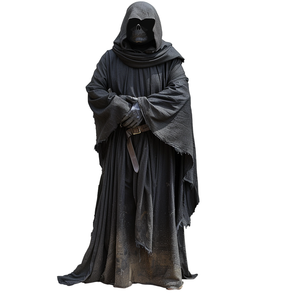A mysterious figure cloaked in a dark, hooded robe, standing against a blurred background png