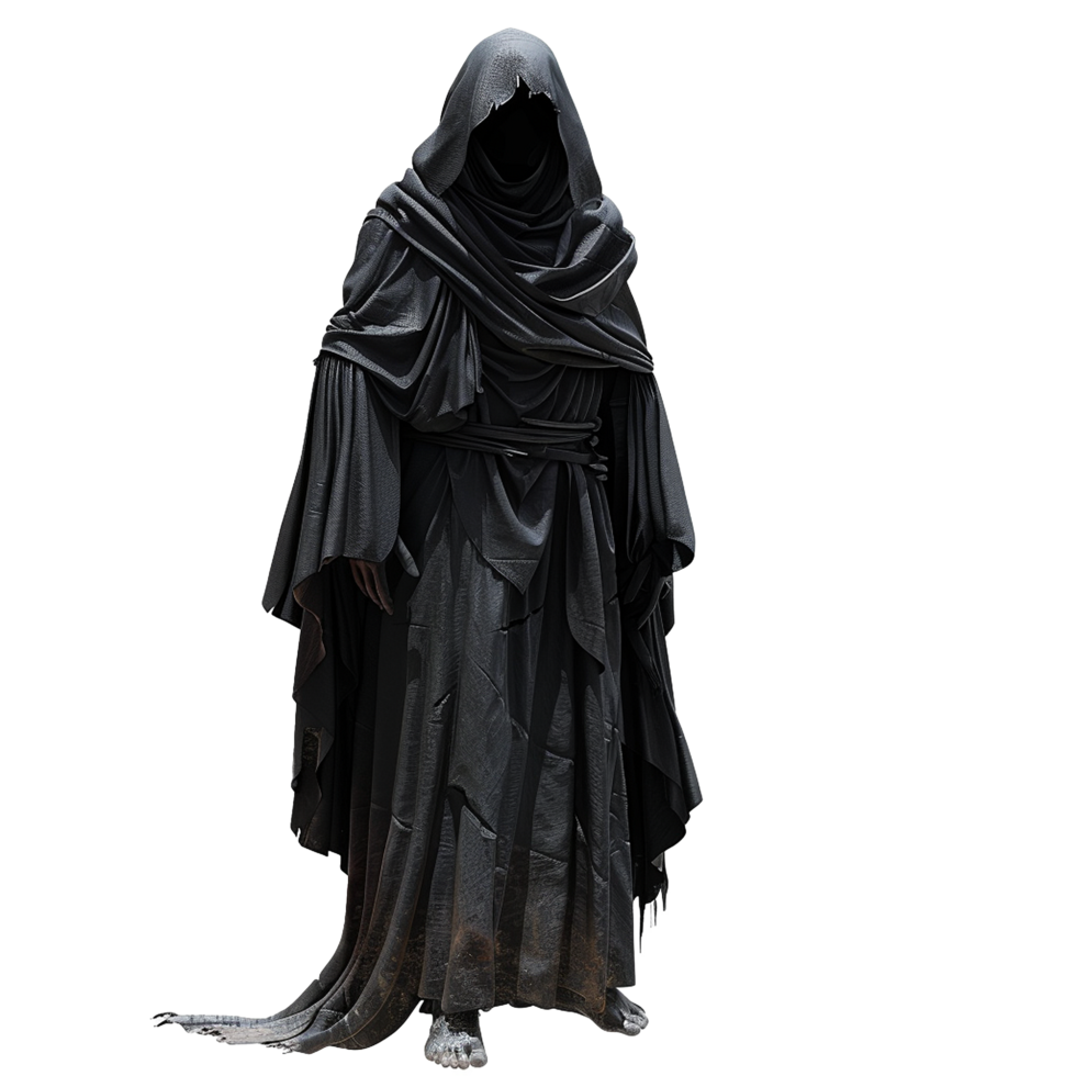 Mysterious Figure in a Dark Hooded Robe A Striking Image of an Enigmatic Personage png