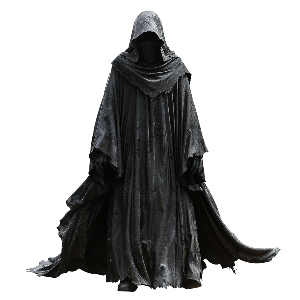 Mysterious Figure in a Dark and Weathered Hooded Cloak png