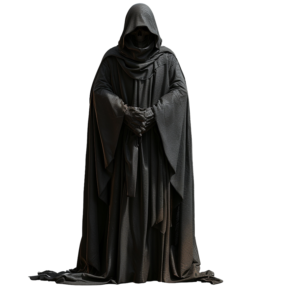 A mysterious figure in a dark hooded robe kneeling solemnly png