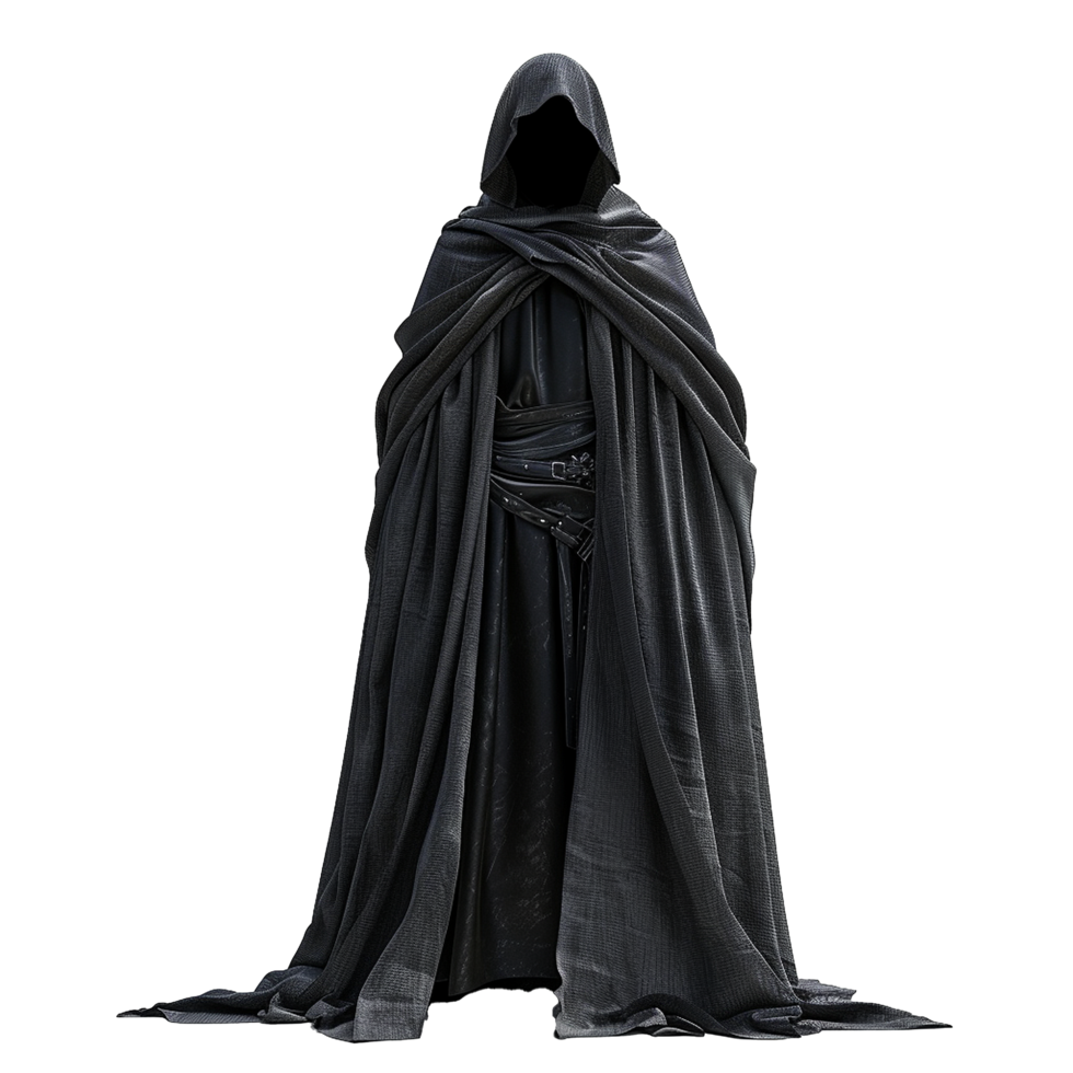 Mysterious Figure in a Dark Hooded Cloak and Robe, Standing Against a Gray and White Striped Background png