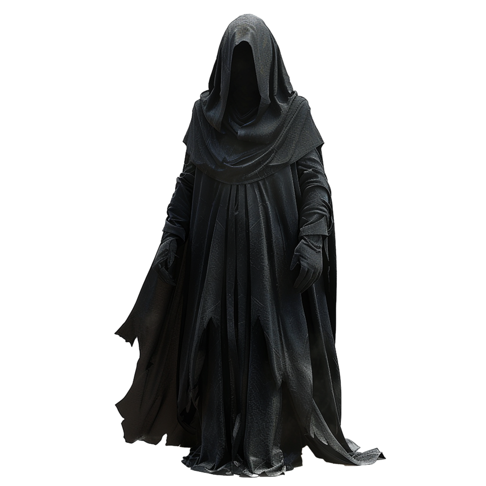 Mysterious Figure in a Dark, Hooded Cloak A Rendered Image of an Enigmatic Personage png