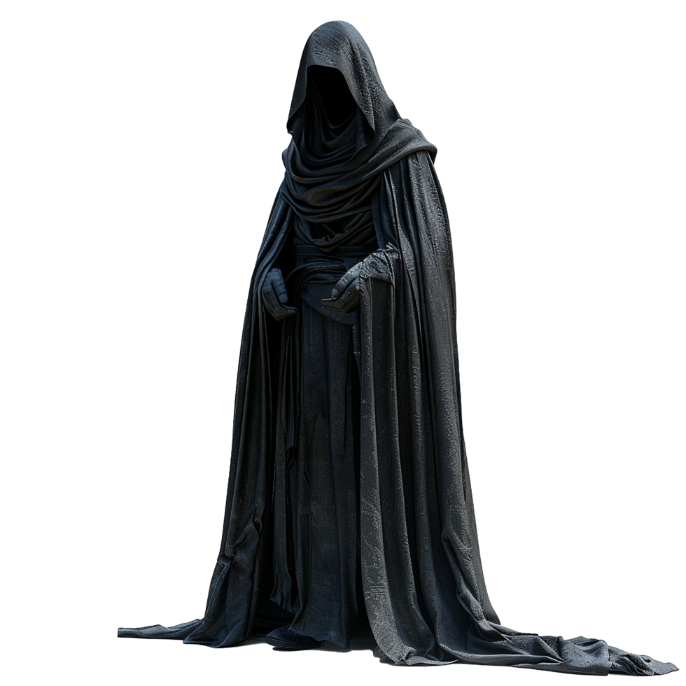 Mysterious Dark Figure in a Long Black Hooded Cloak Standing Against a Striped Background png