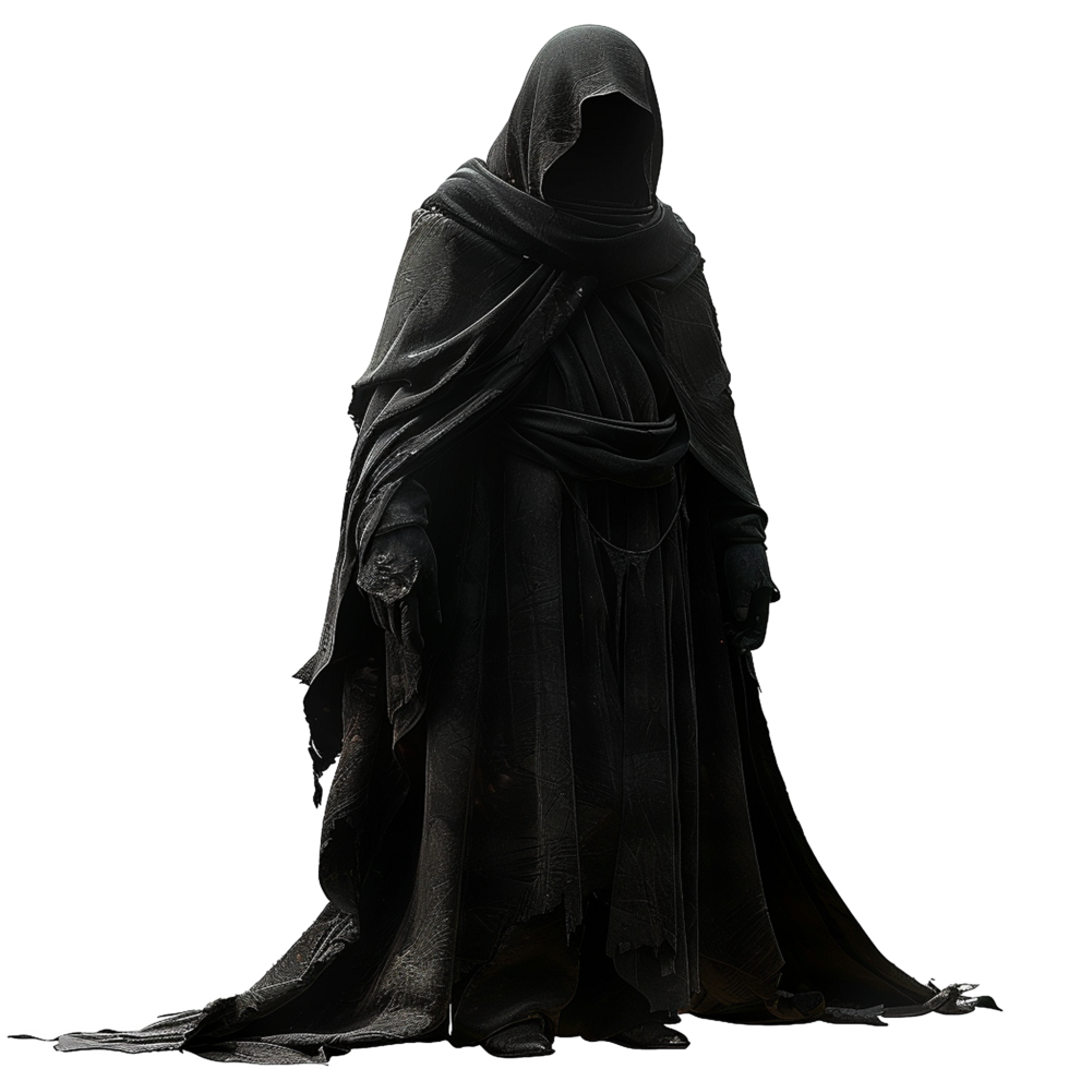 Mysterious Figure in Dark Hooded Cloak Standing Against a White Background png