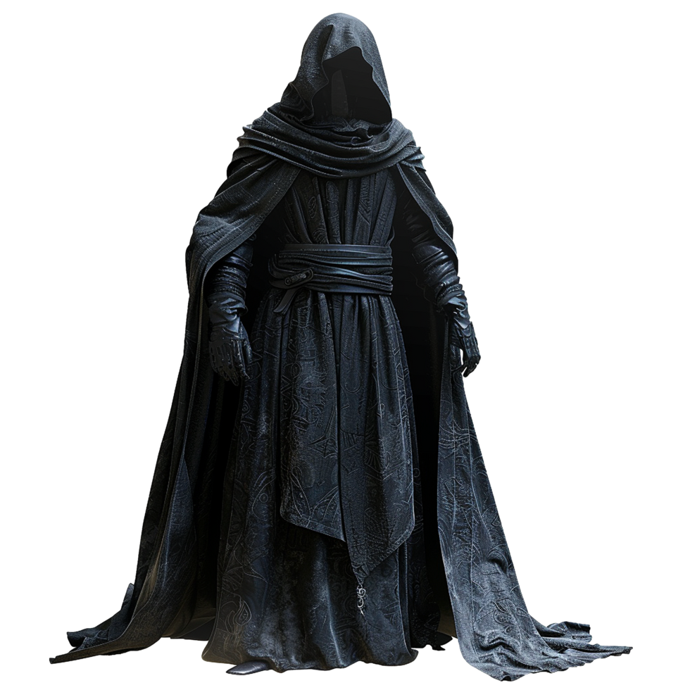 Mysterious Figure in Dark Hooded Robe and Long Cloak png