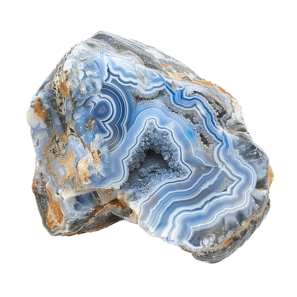 Stunning Blue Agate Geode Slice with Intricate Banding Patterns and Crystal Formations png