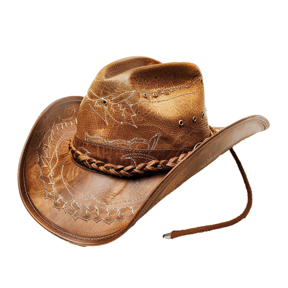 Authentic Vintage Brown Leather Cowboy Hat with Intricate Stitching and Braid Detail png