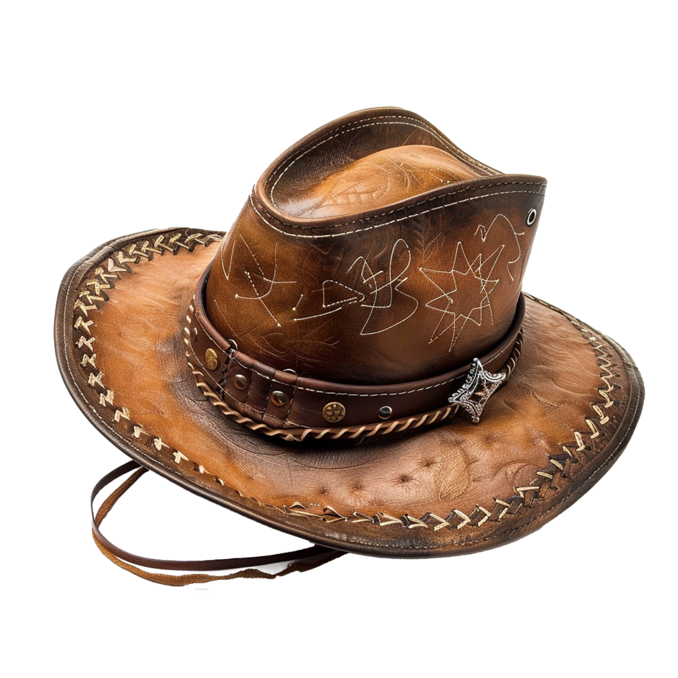 Authentic Vintage Brown Leather Cowboy Hat with Unique Embroidered Design and Decorative Band png