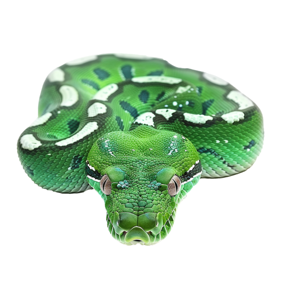 Closeup of a Stunning Green Tree Python Showing Intricate Scales and Striking Eyes png