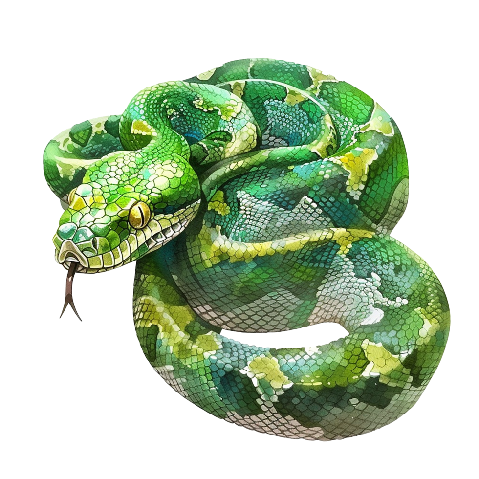 Stunning Watercolor Painting of a Green Tree Python Snake Coiled in a ...
