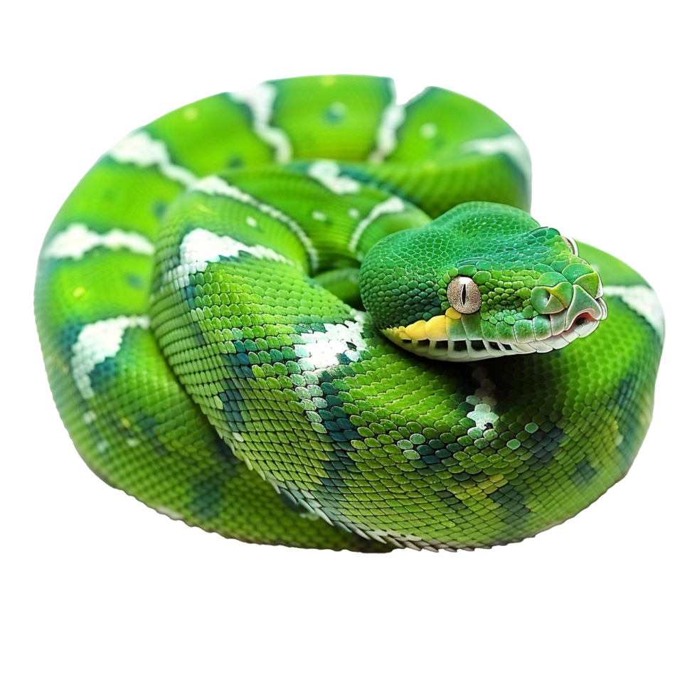 Closeup of a Vibrant Green Emerald Tree Boa Snake Coiled in a Striking Pose png